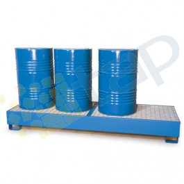 Cubeta colectora pintada azul para 4 bidones en línea con enrejado prensado